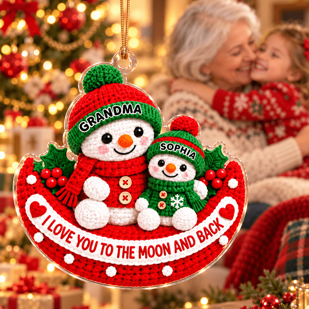 Personalized Crochet-Style Snowman Acrylic Ornament, Grandma & Grandkid Christmas Gift, Love You to the Moon and Back