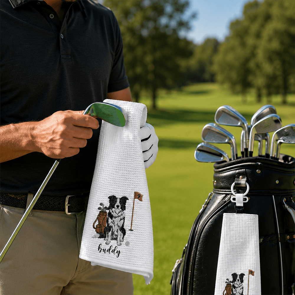 Personalized Dog Golf Towel with Photo or Embroidered Pet Portrait & Name, Custom Gift for Dog-Loving Golfers