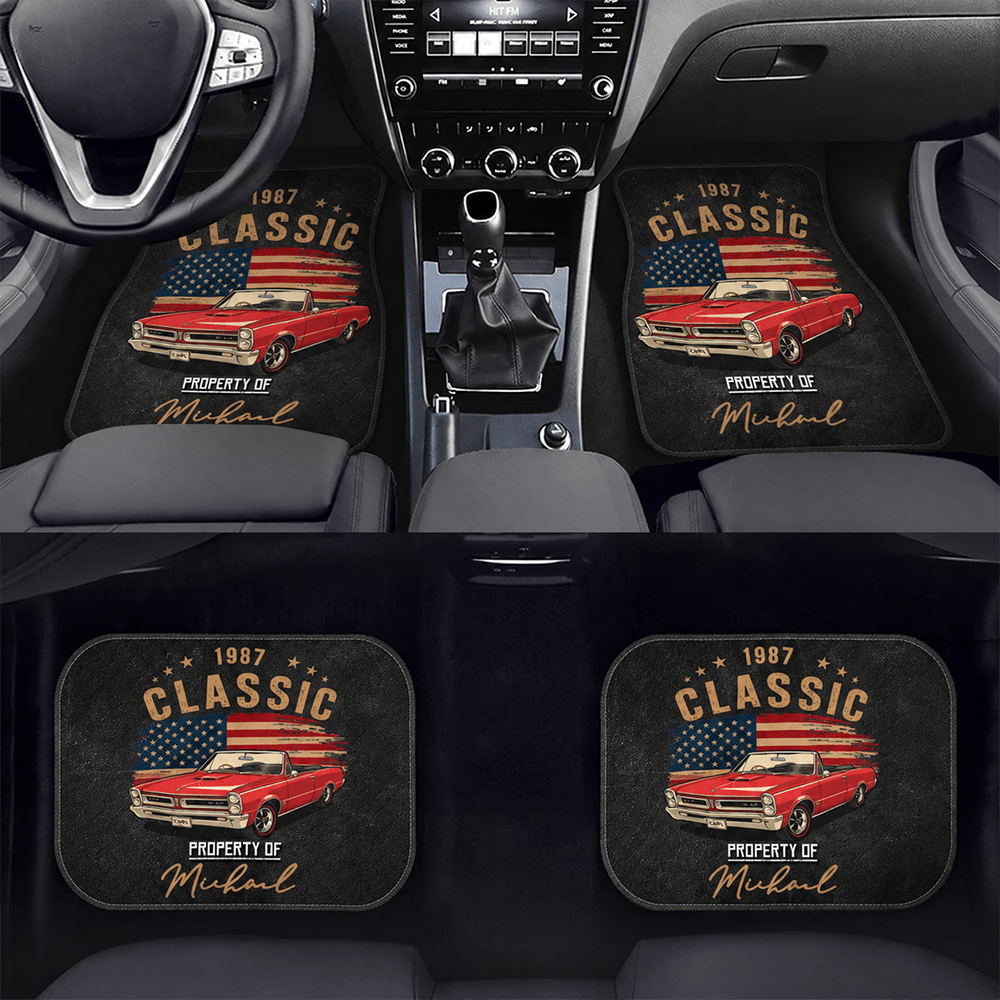 Personalized Classic Car Floor Mats with Custom Name, Year & Flag, Gift for Dad, Husband, Boyfriend or Car Lover