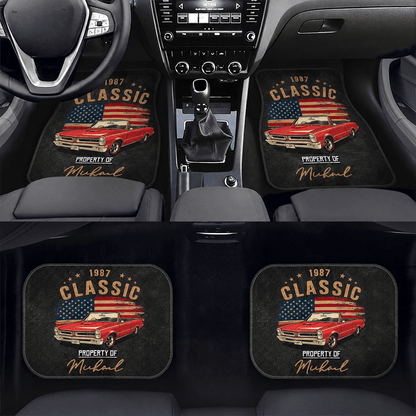 Personalized Classic Car Floor Mats with Custom Name, Year & Flag, Gift for Dad, Husband, Boyfriend or Car Lover