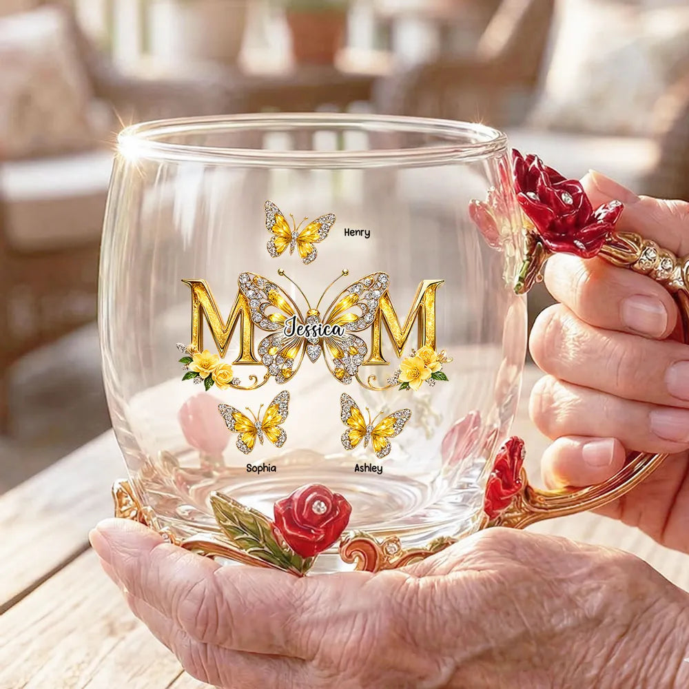 Personalized Enamel Flower Tea Cup with Butterfly Mom Monogram, Unique Gift for Mom, Warm Everyday Tea Moment