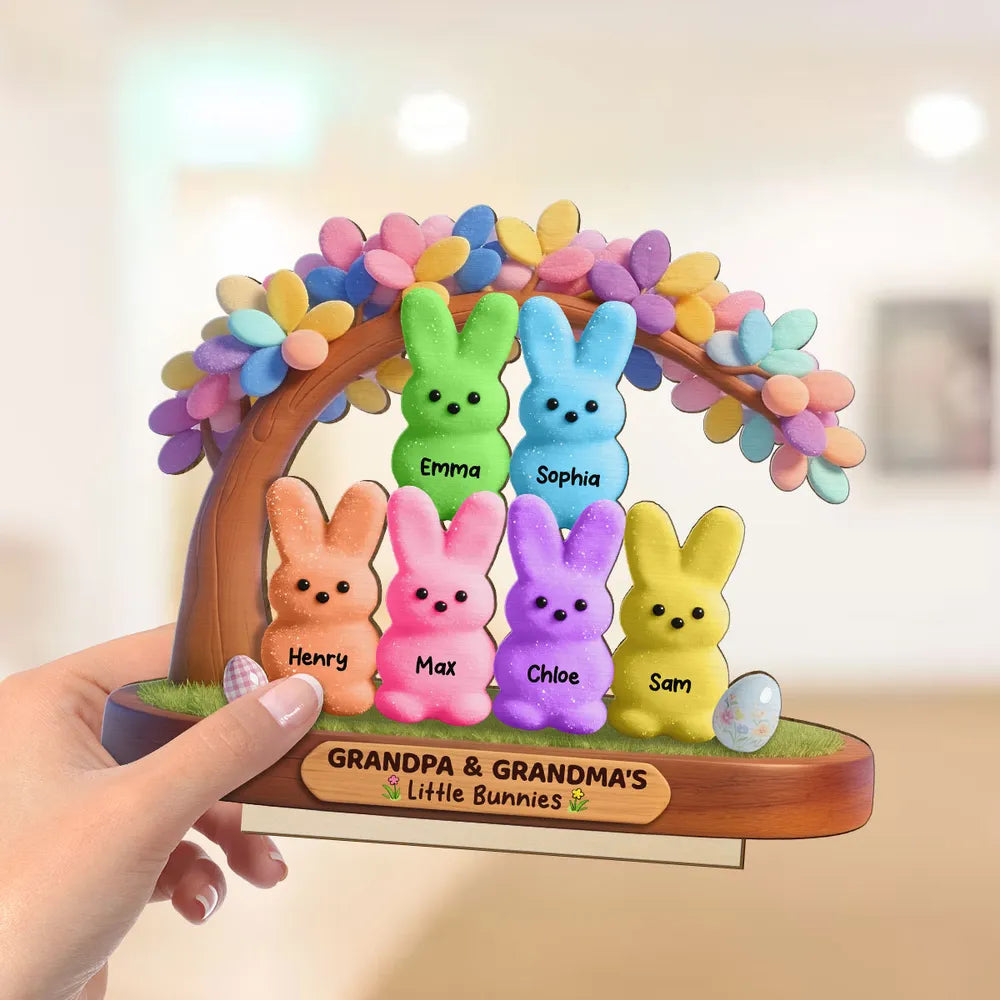 Personalized 2-Layer Wooden Plaque for Grandpa & Grandma, Cute Bunny Family Under Flower Tree, Unique Gift