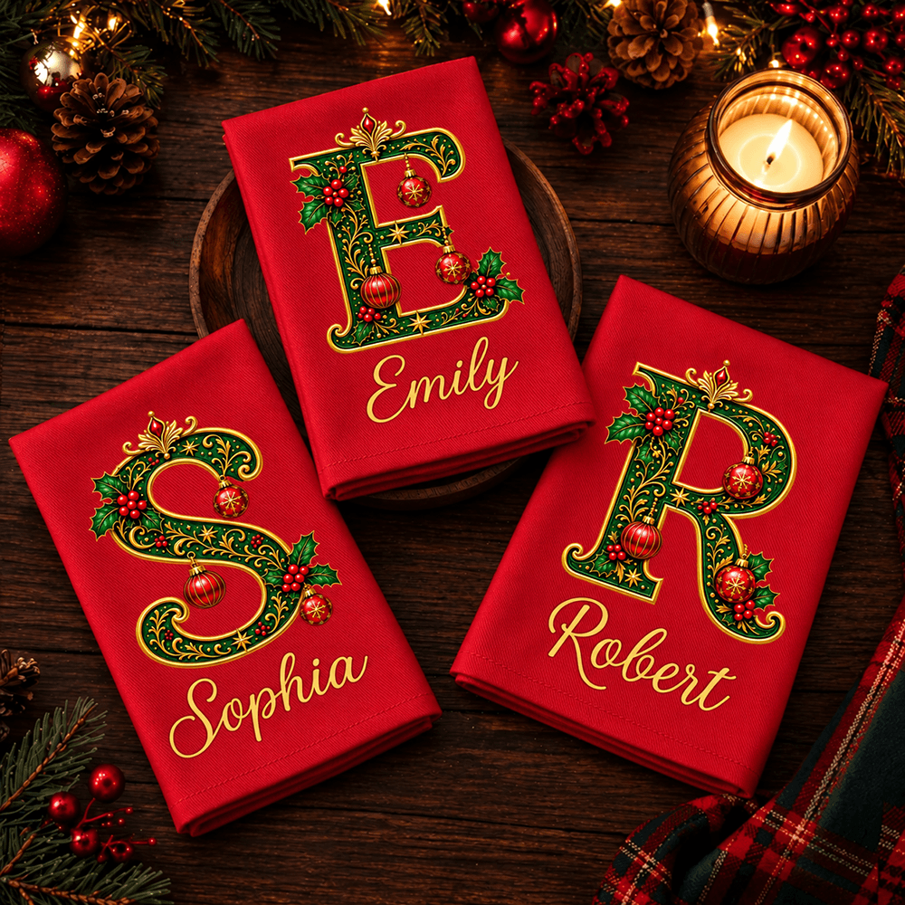 Personalized Reusable Cotton Napkin, Ornate Festive Initial Design for Family Table, Unique Christmas Gift