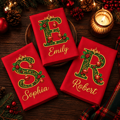Personalized Reusable Cotton Napkin, Ornate Festive Initial Design for Family Table, Unique Christmas Gift
