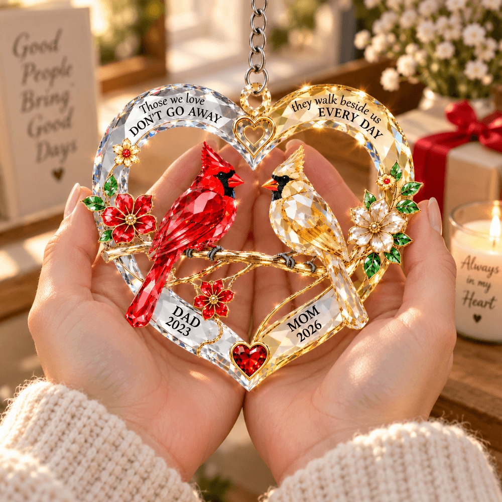 Personalized Cardinal Memorial Acrylic Ornament with Names & Years, Heart-Shaped Window Hanging, Sympathy Gift