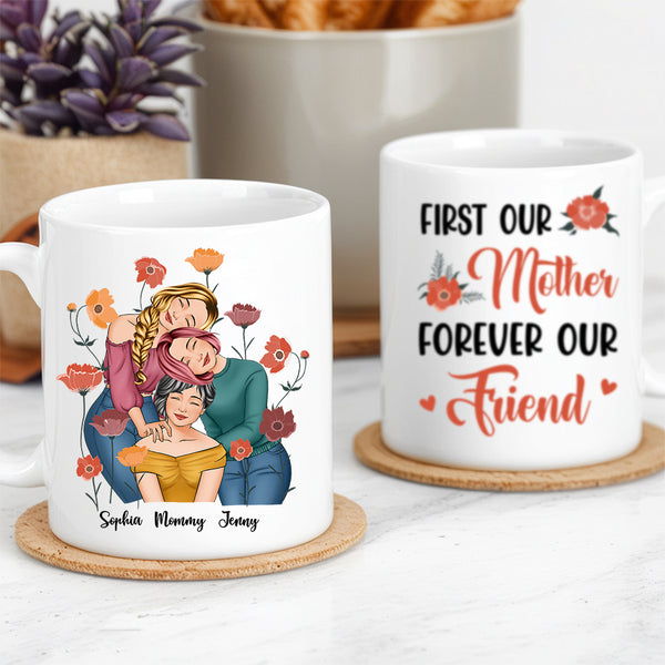 Personalized Gift for Mother or Daughter – Ceramic Mug Featuring Hugging Scene with 'First Our Mother, Forever Our Friend'