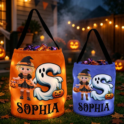 Personalized LED Light Up Fabric Basket, Witch Girl Holding Pumpkin Basket, Unique Halloween Gift for Kids