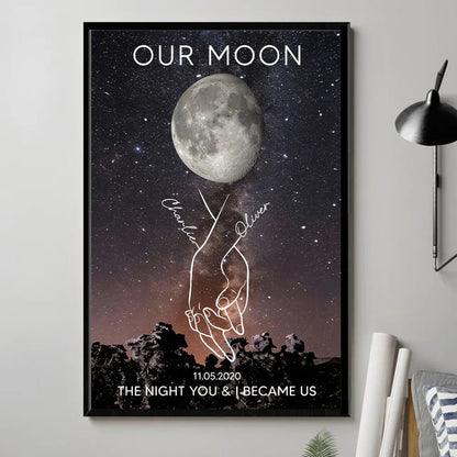 Personalized Moon Phase Poster, Couple Holding Hands Line Art on Starry Sky Wall Art, Unique Romantic Gift