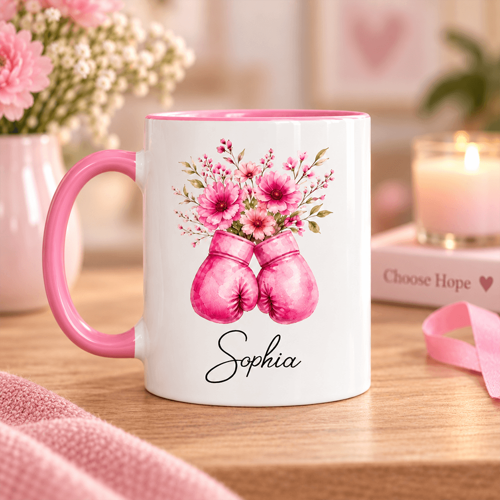 Personalized Pink Floral Boxing Gloves Mug, Breast Cancer Support Gift for Her, Stronger Braver Survivor Keepsake with Name