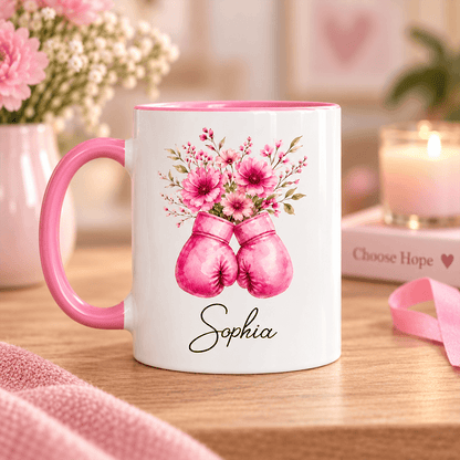 Personalized Pink Floral Boxing Gloves Mug, Breast Cancer Support Gift for Her, Stronger Braver Survivor Keepsake with Name