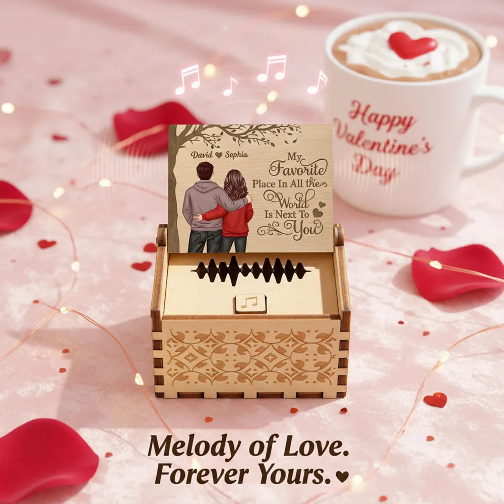 Personalized Wooden Music Box with Couple Hugging Back View Romantic Keepsake Decor A Unique Gift for Him or Her