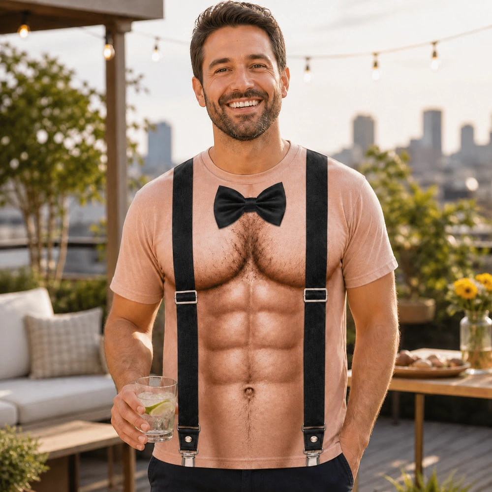 Personalized Funny Muscle T-Shirt for Men, Bow Tie & Suspenders Illusion Tee, Hilarious Birthday or Party Gift for Him
