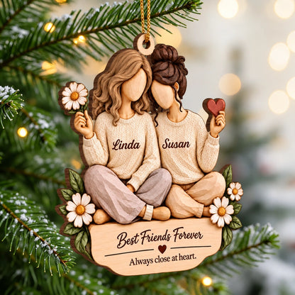 Personalized Best Friends Wooden Plaque with Hand-Carved Look and Cozy Illustrated Design, Custom Friendship Keepsake Gift