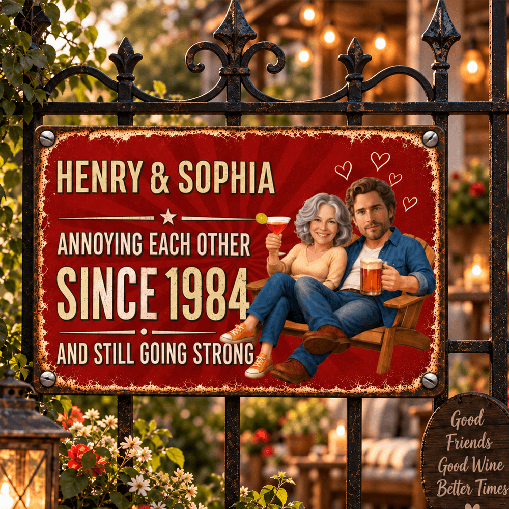 Personalized Couple Iron Sign, Retro Americana Bar Style, Custom Photos, Names & Year, Funny Anniversary Gift