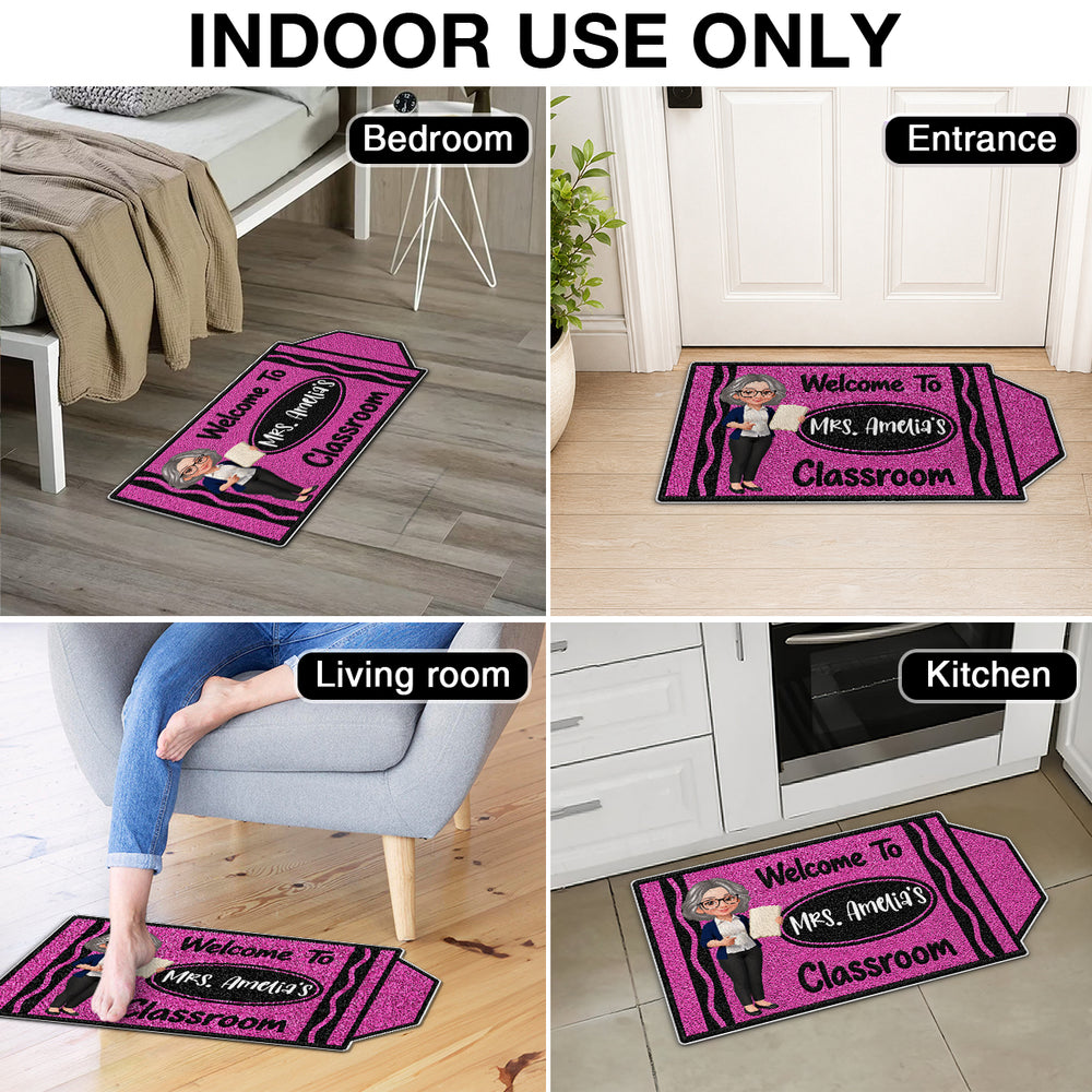 Personalized Shaped Doormat, Purple Crayon Classroom Welcome with Teacher Holding Book, Unique Gift for Teacher