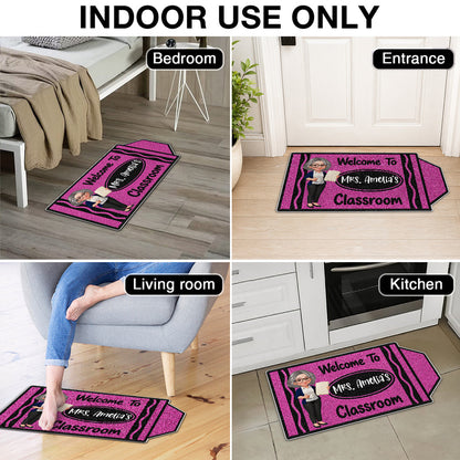 Personalized Shaped Doormat, Purple Crayon Classroom Welcome with Teacher Holding Book, Unique Gift for Teacher