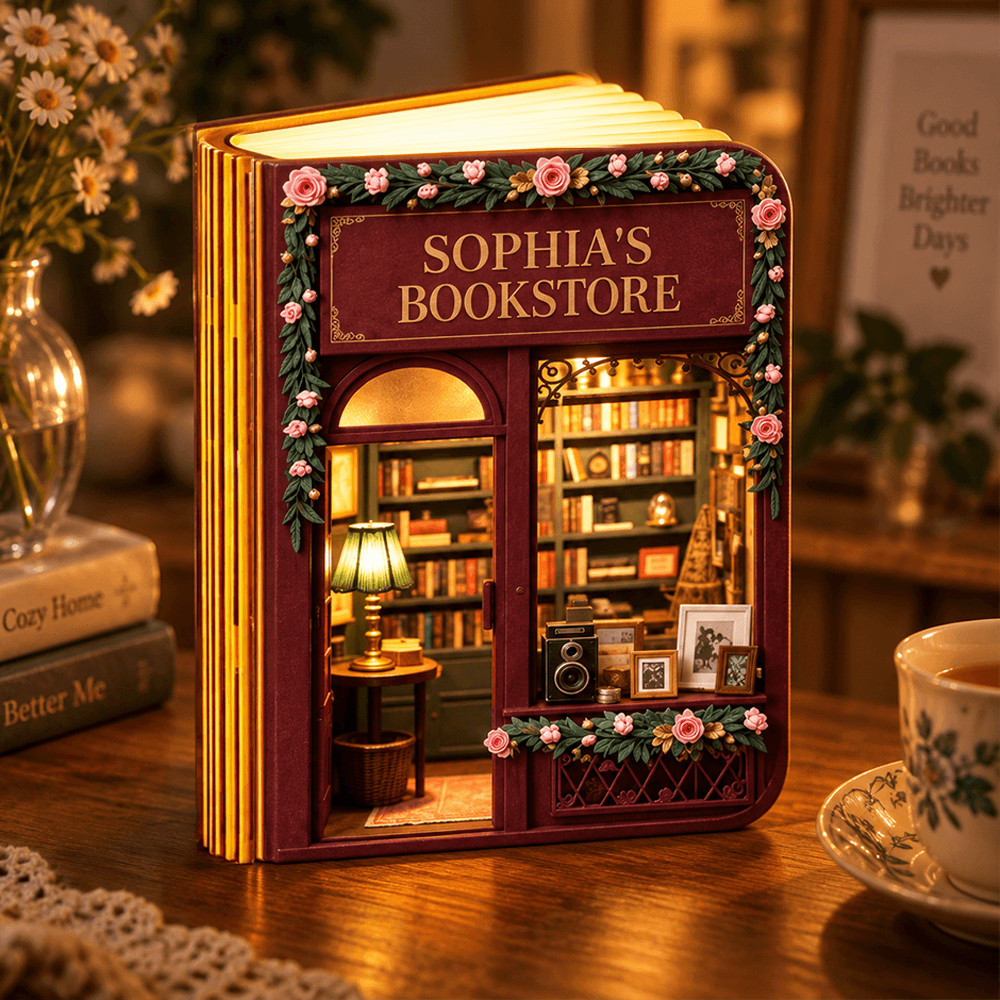Personalized Bookshop Lamp with Your Name, 7 Light Colors & a Choice of Wall Colors, Gift for Book Lovers