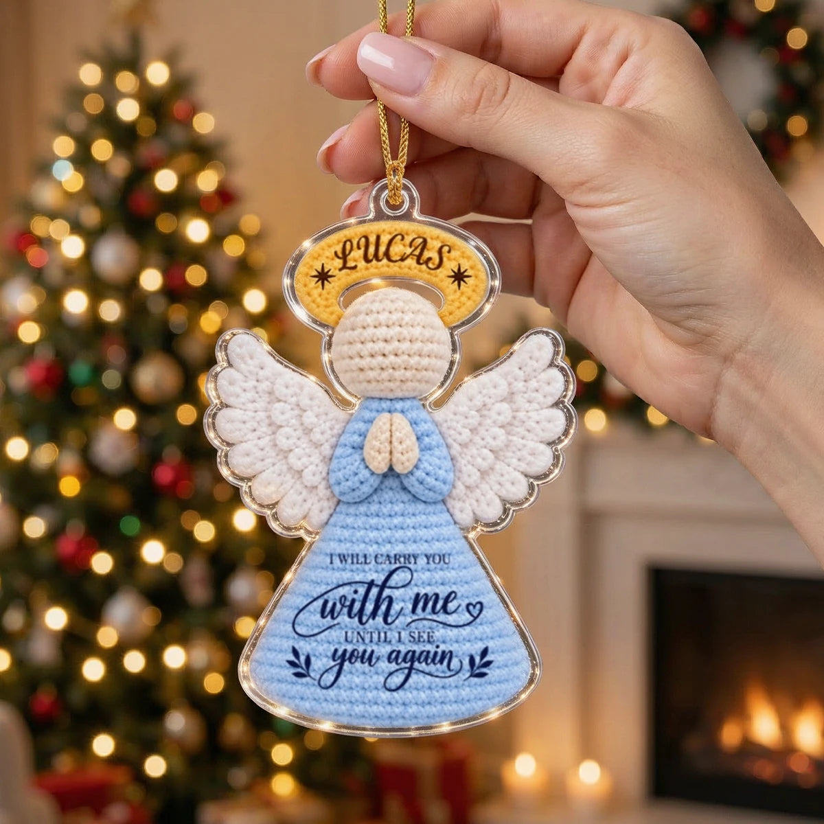 Personalized Acrylic Ornament with Praying Angel, Blue Christmas Tree Decor, Unique Memorial Gift for Family