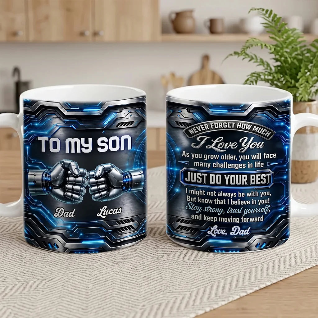 Personalized Mug with Futuristic Robot Fist Bump, Stay Strong Quote, Unique Gift for Son