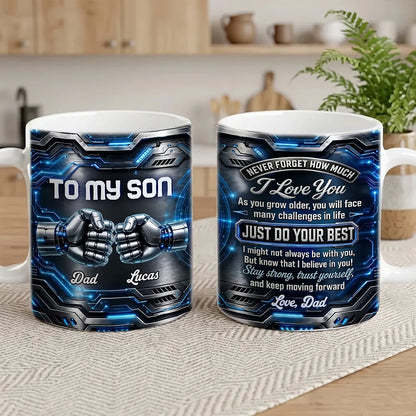 Personalized Mug with Futuristic Robot Fist Bump, Stay Strong Quote, Unique Gift for Son