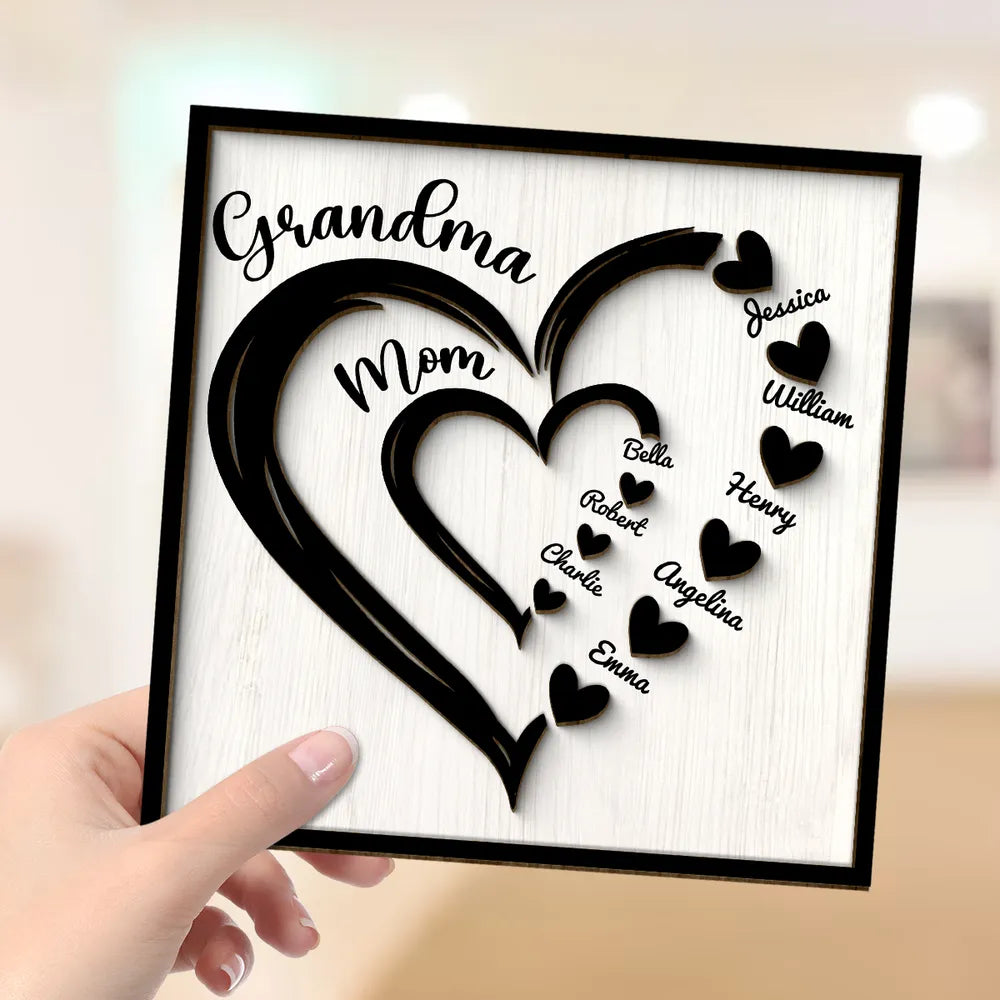 Personalized 2-Layer Wooden Plaque Heart-in-Heart Family Display, A Unique Gift For Grandma Or Mom