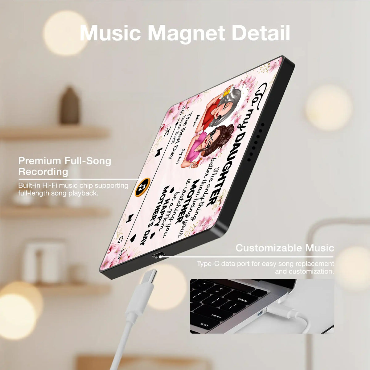 Acrylic Music Magnet For Mom and Daughter, Sweet Mother's Day Message with Floral Notes, Personalized Unique Gift Fridge Decor