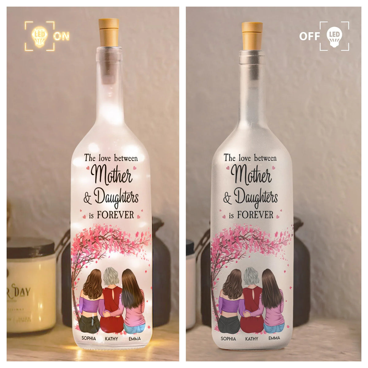 Personalized Bottle Lamp Mother and Daughters Forever Quote, Warm Glow Bedroom Decor, Unique Gift for Mom