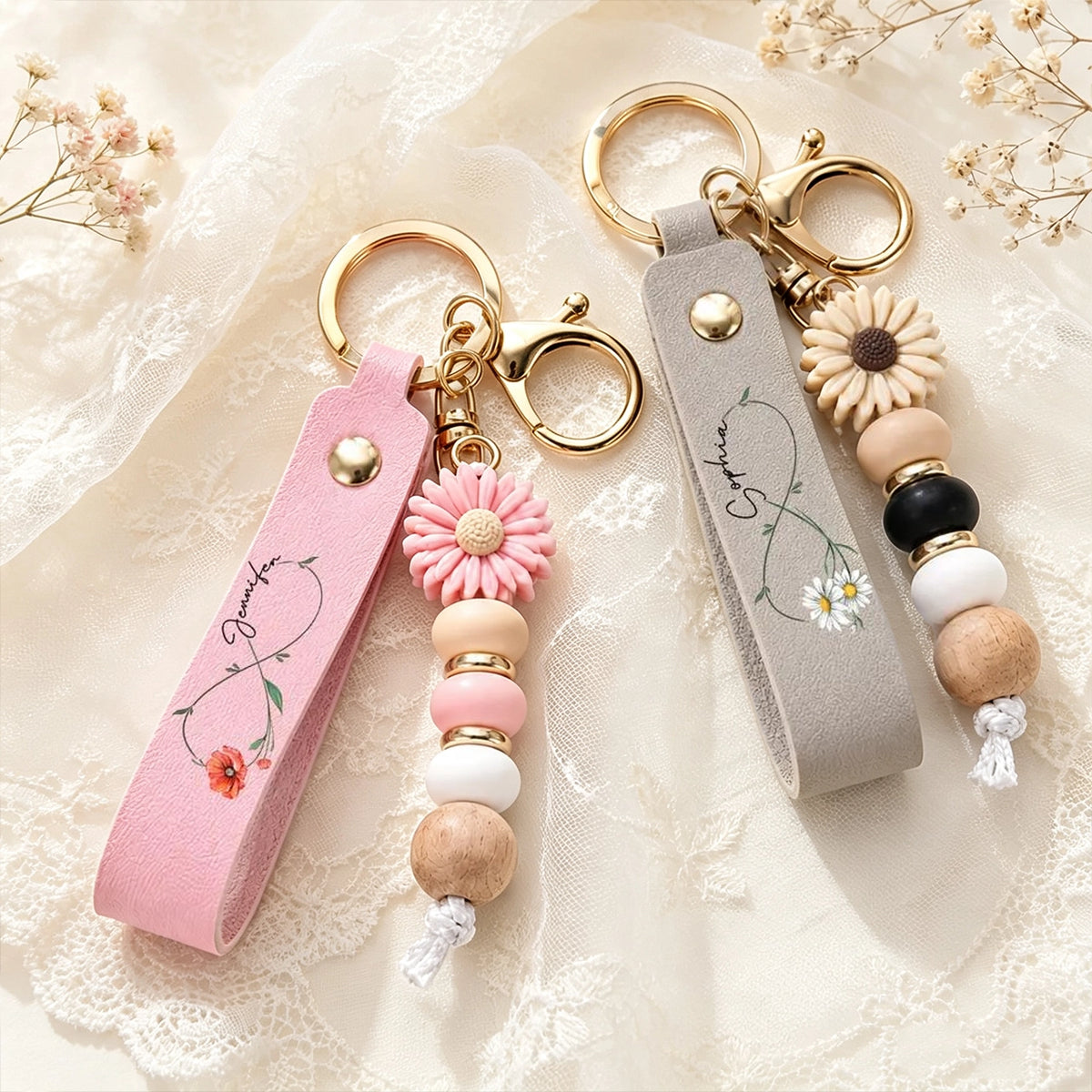 PU Leather Daisy Keychain With Soft Pink & Gray Florals, Personalized Unique Creative Gift For Mom & Friends