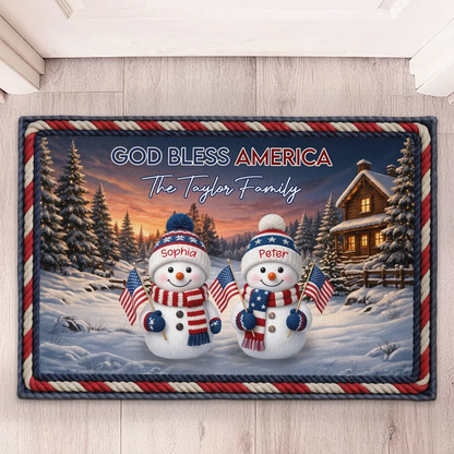Personalized Snowman Family Doormat for America's 250th Anniversary, American Flag Christmas Decor