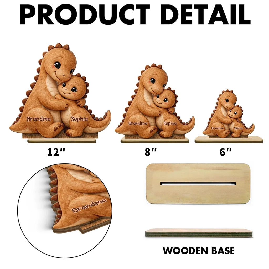 Personalized 2-Layer Wooden Plaque Cute Dino Grandma Hugging Grandchild Unique Gift for Grandma Mom - Heartwarming Keepsake