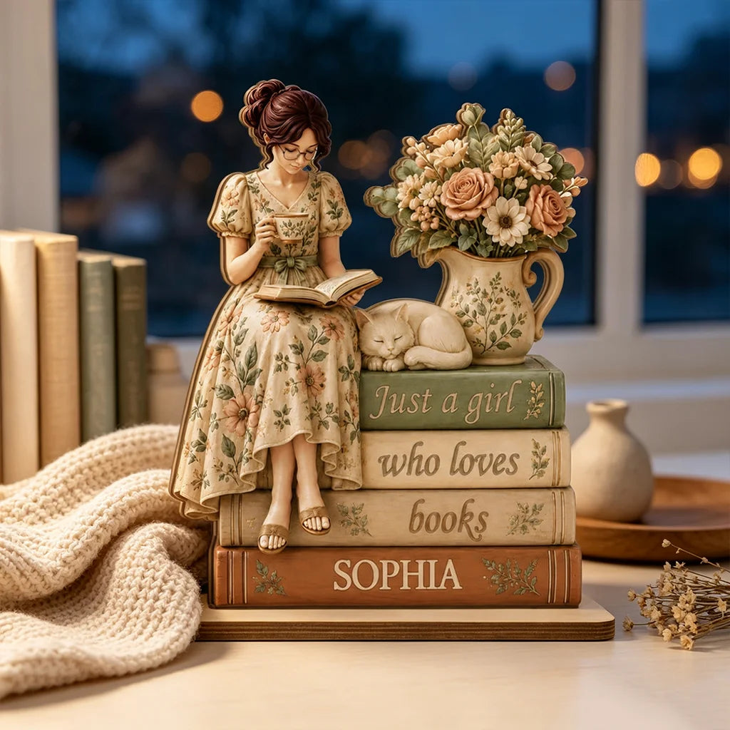 Personalized 2-Layer Wooden Plaque, Cottagecore Girl Reading with Cat, Unique Gift for Book Lovers