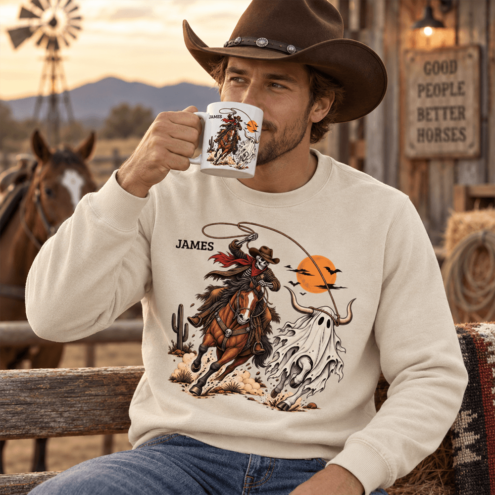Personalized Halloween Cowboy Sweatshirt with Name, Spooky Ghost Bull & Orange Moon, Western Gift for Horse Lovers