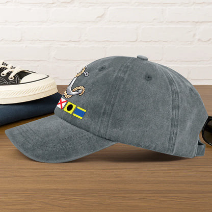 Washed Denim Baseball Cap with Boat Anchor and Nautical Flags - Coastal Style Unique Gift for Sailors and Boat Lovers