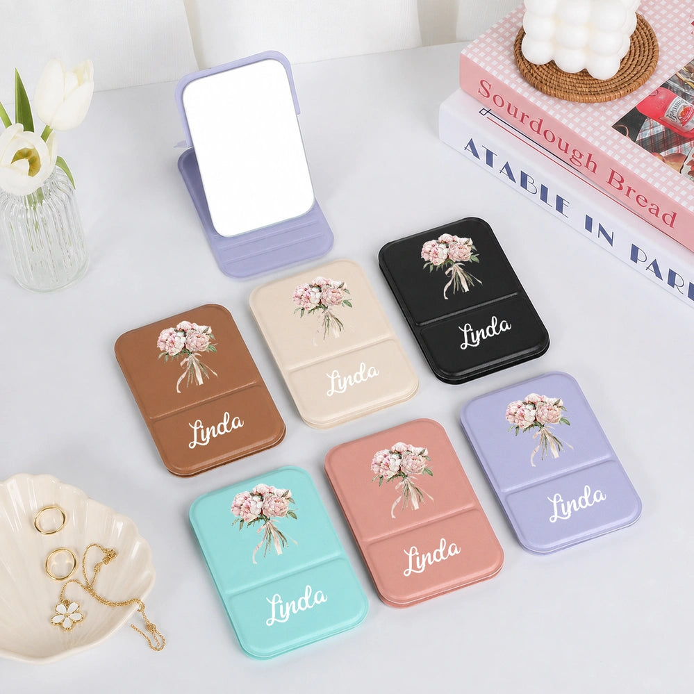 Leather Folding Makeup Mirror with Soft Floral Art, Custom Keepsake, Creative Gift for Beauty Lover