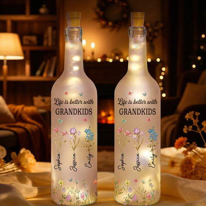 Bottle Lamp Personalized for Grandkids, Soft Warm Ambient Light with Wildflowers, Thoughtful Home Decor Gift for Grandma