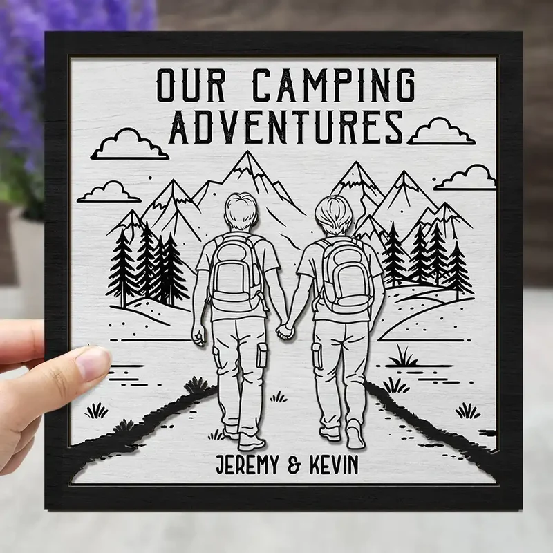 Personalized 2-Layer Wooden Plaque Adventure Partners For Life Couple Hiking Scene - Unique Gift For Your Favorite Travel Buddy