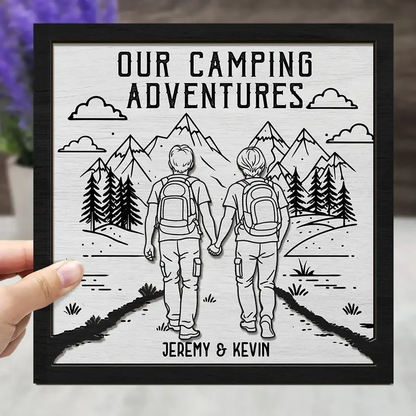 Personalized 2-Layer Wooden Plaque Adventure Partners For Life Couple Hiking Scene - Unique Gift For Your Favorite Travel Buddy