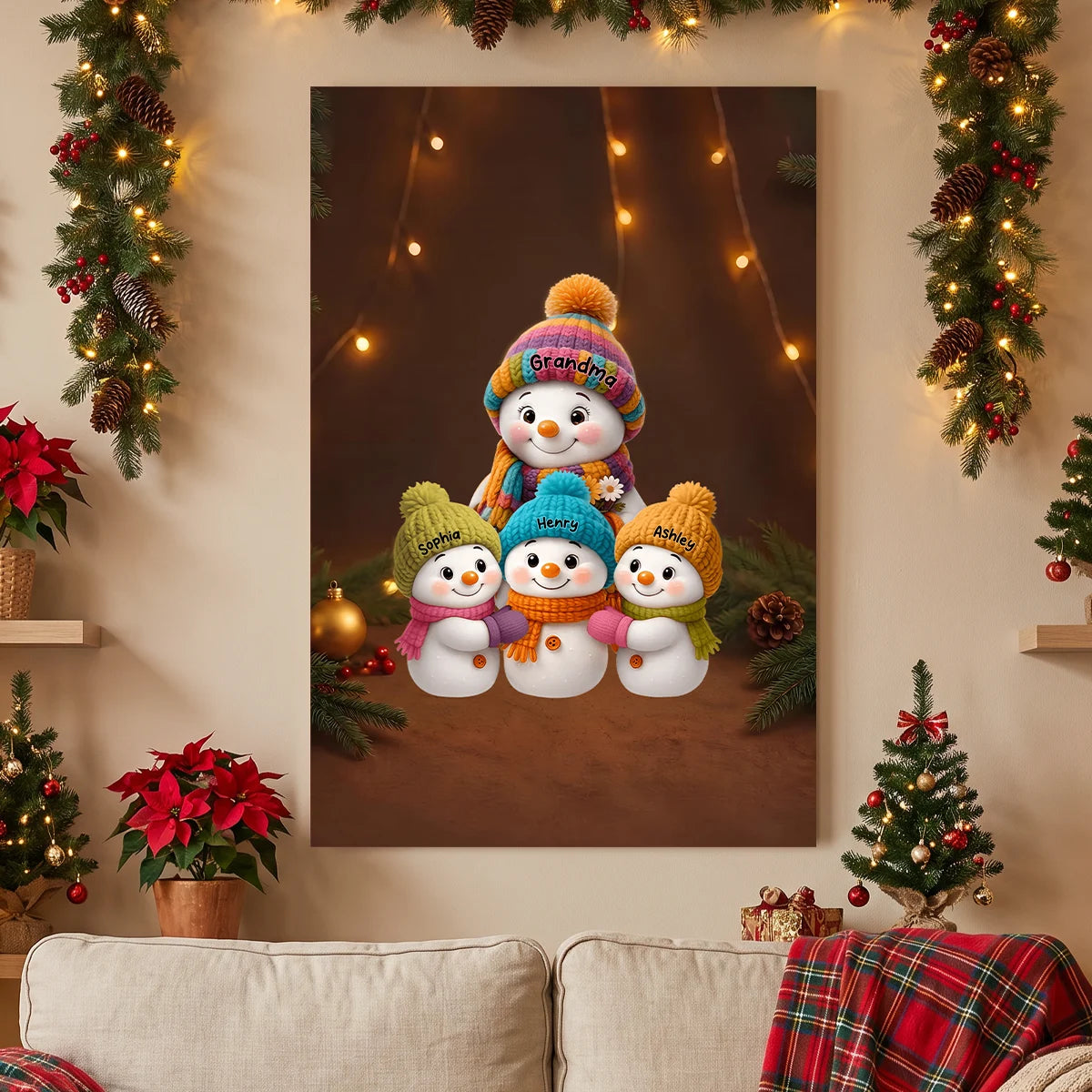 Personalized Garden Flag, Colorful Grandma Snowman Family Gathered in Snow, Unique Christmas Gift for Grandma