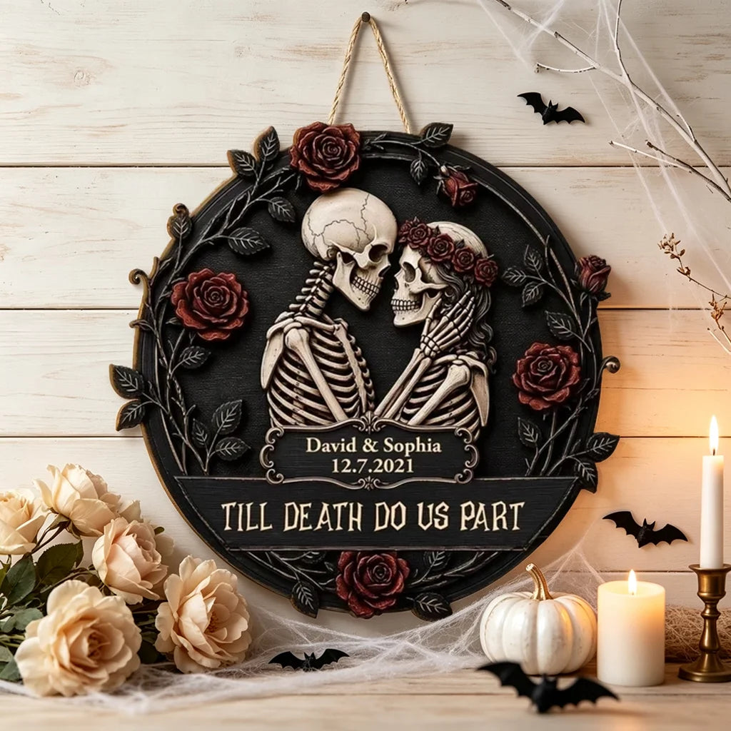 Personalized Wooden Sign, Gothic Embracing Skeleton Couple with Red Roses, Unique Anniversary Gift for Couples