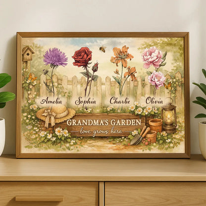 Personalized Grandma's Garden Flowers Poster, Vintage Cottagecore Wall Art, Unique Gift for Grandma or Mom