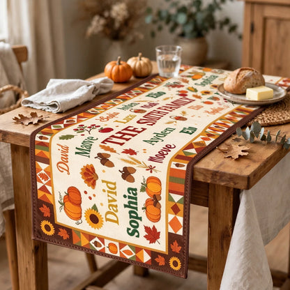 Custom Family Table Runner with Names, Rustic Fall Pumpkin and Sunflower Design, Thanksgiving Dining Table Decor Gift
