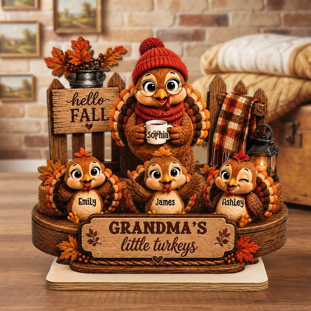 Personalized Wooden Plaque, Grandma Turkey Holding a Mug in a Hello Fall Scene, Unique Gift for Grandma
