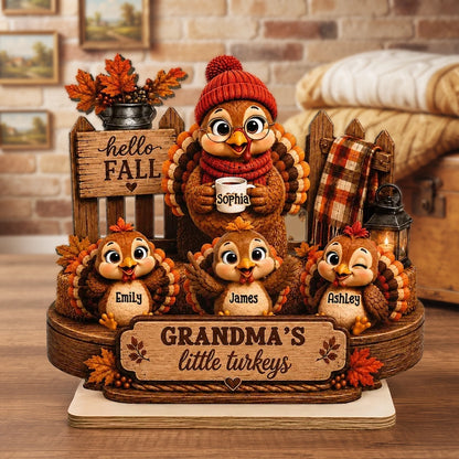 Personalized Wooden Plaque, Grandma Turkey Holding a Mug in a Hello Fall Scene, Unique Gift for Grandma