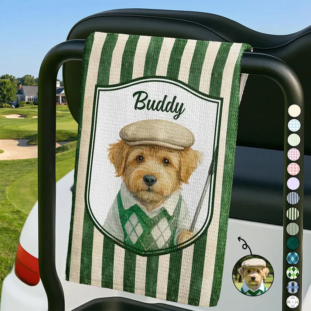 Personalized Waffle Weave Golf Towel, Front Facing Watercolor Dog Portrait, Unique Gift for Golfers