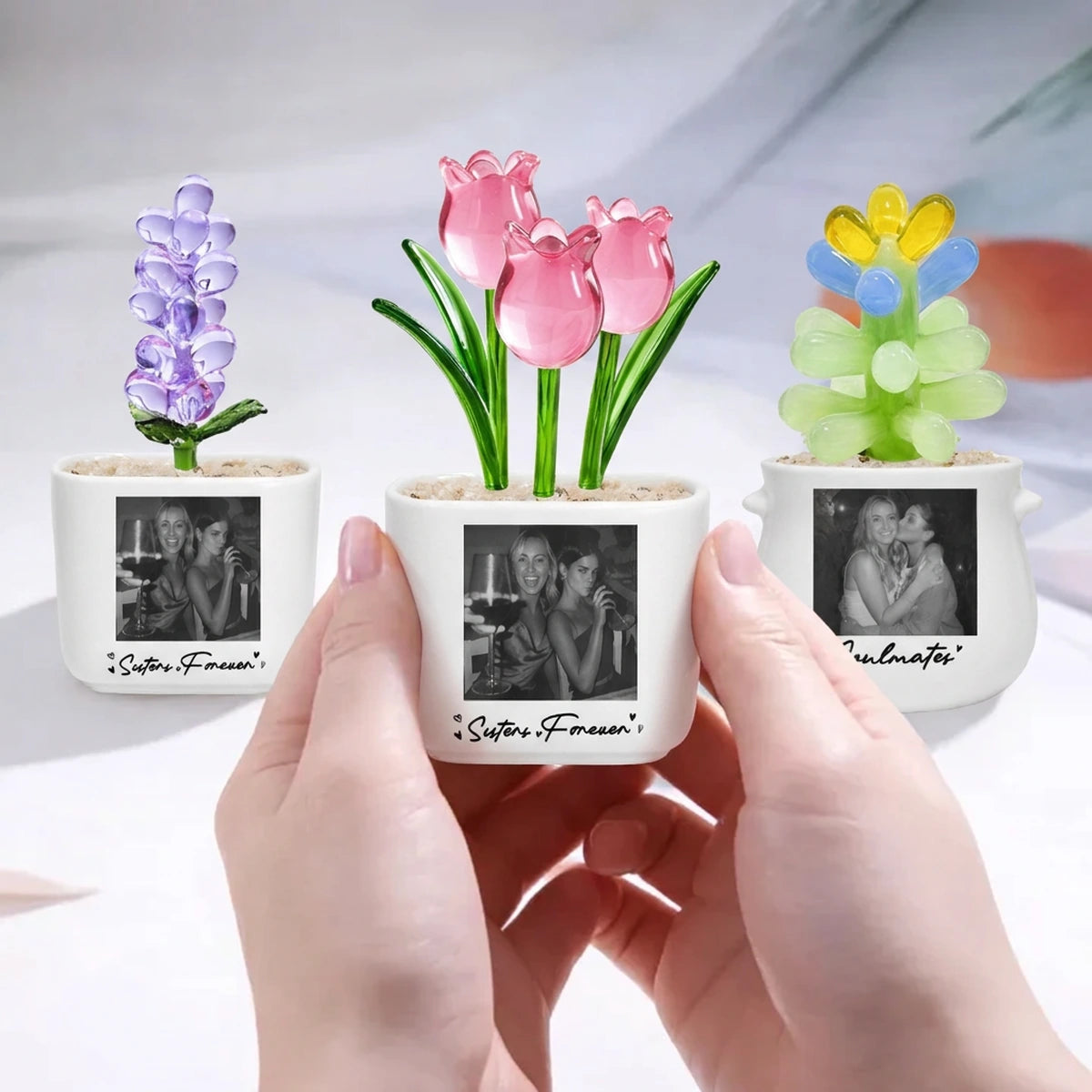 Personalized Photo Flower Planter with Glass Blooms, Custom Best Friend or Sister Gift, Friendship Keepsake