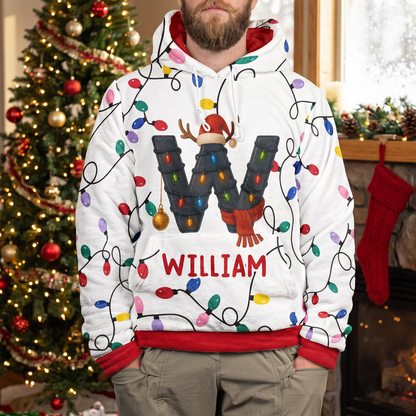 Personalized Family Initial Printed Hoodie, Colorful Lights and Reindeer Accents, Creative Gift for Family Memories