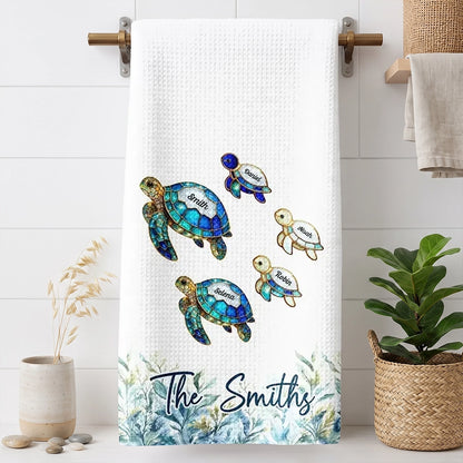 Personalized Kitchen Towel with Swimming Sea Turtle Family, Coastal Decor and Unique Gift for Family