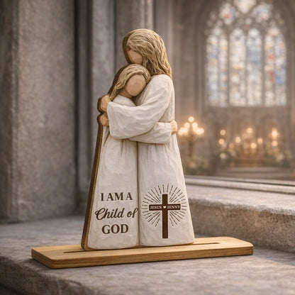 Personalized 2-Layer Wooden Plaque, I Am A Child of God Hugging Figure, Unique Christian Gift for Her, Warm Faith Decor