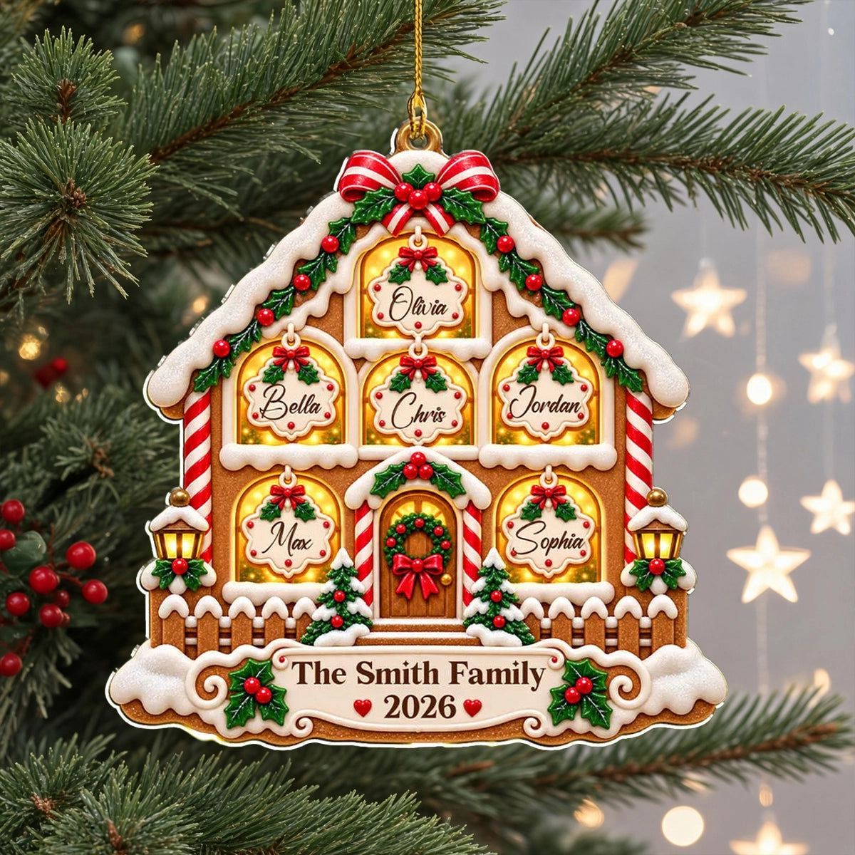 Personalized Acrylic Ornament, Gingerbread Family House on a Lit Christmas Tree, Unique Gift for Families