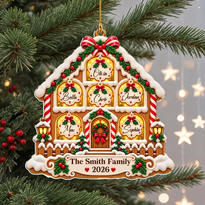 Personalized Acrylic Ornament, Gingerbread Family House on a Lit Christmas Tree, Unique Gift for Families